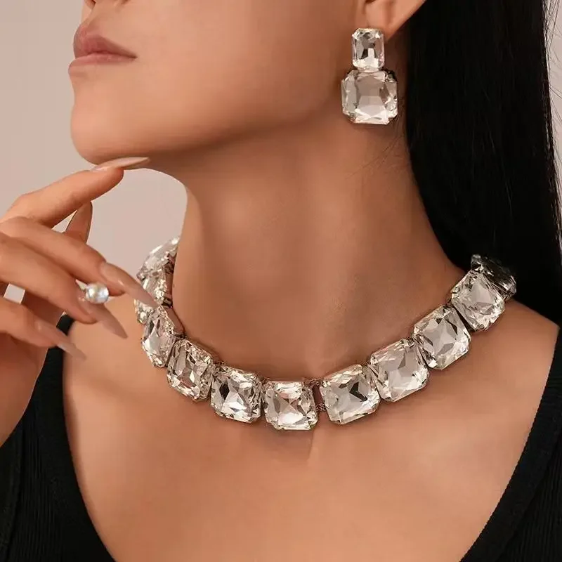 クリスタル ステートメント ネックレスとイヤリング セット、スクエア カット ラインストーン ジュエリー、シャンパン ゴールド