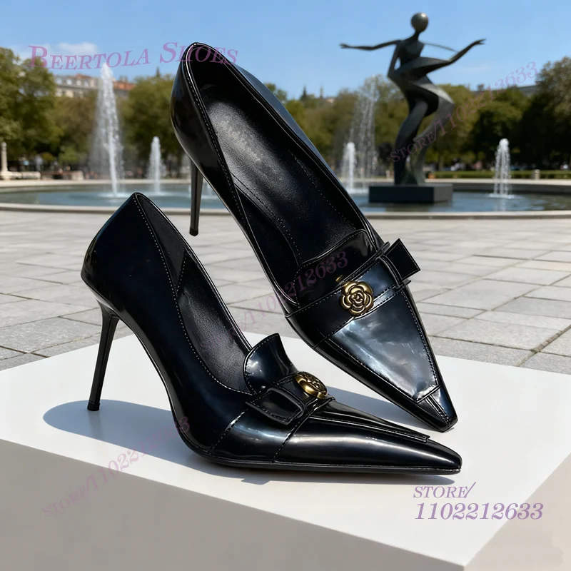 

Bronze Gold Floral Matte Leather Black Pump Sandals Women Elegant Office Lady Style Pointed Toe Stiletto Heel Concise Party Shoe