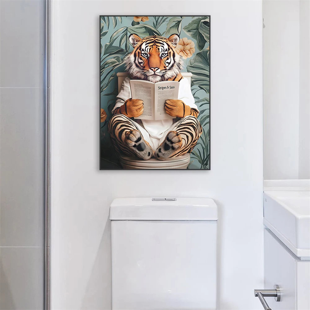 Zebra on Toilet Bathroom Poster Giraffe on Toilet Funny Bathroom Tiger Wall Art Prints Colorful Botanical Bathroom Art Poster