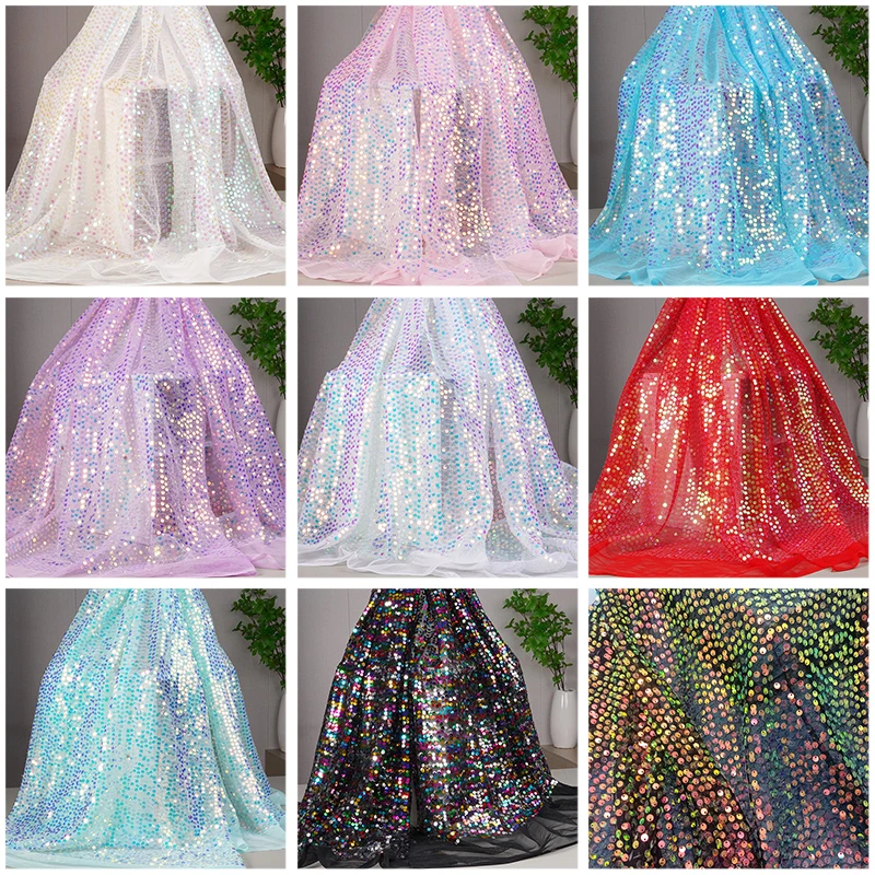 무지개 스팽글 자수 원단 6mm 글리터 그라데이션 천 무대 의상 드레스 DIY 재봉 및 장식 배경용