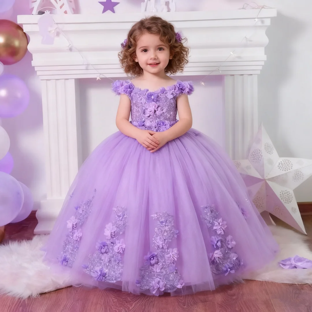 فستان فتاة الزهور لحفلات الزفاف ثلاثي الأبعاد مزين بالتول فستان الأميرة الفاخر للأطفال لحفلات أعياد الميلاد المسائية