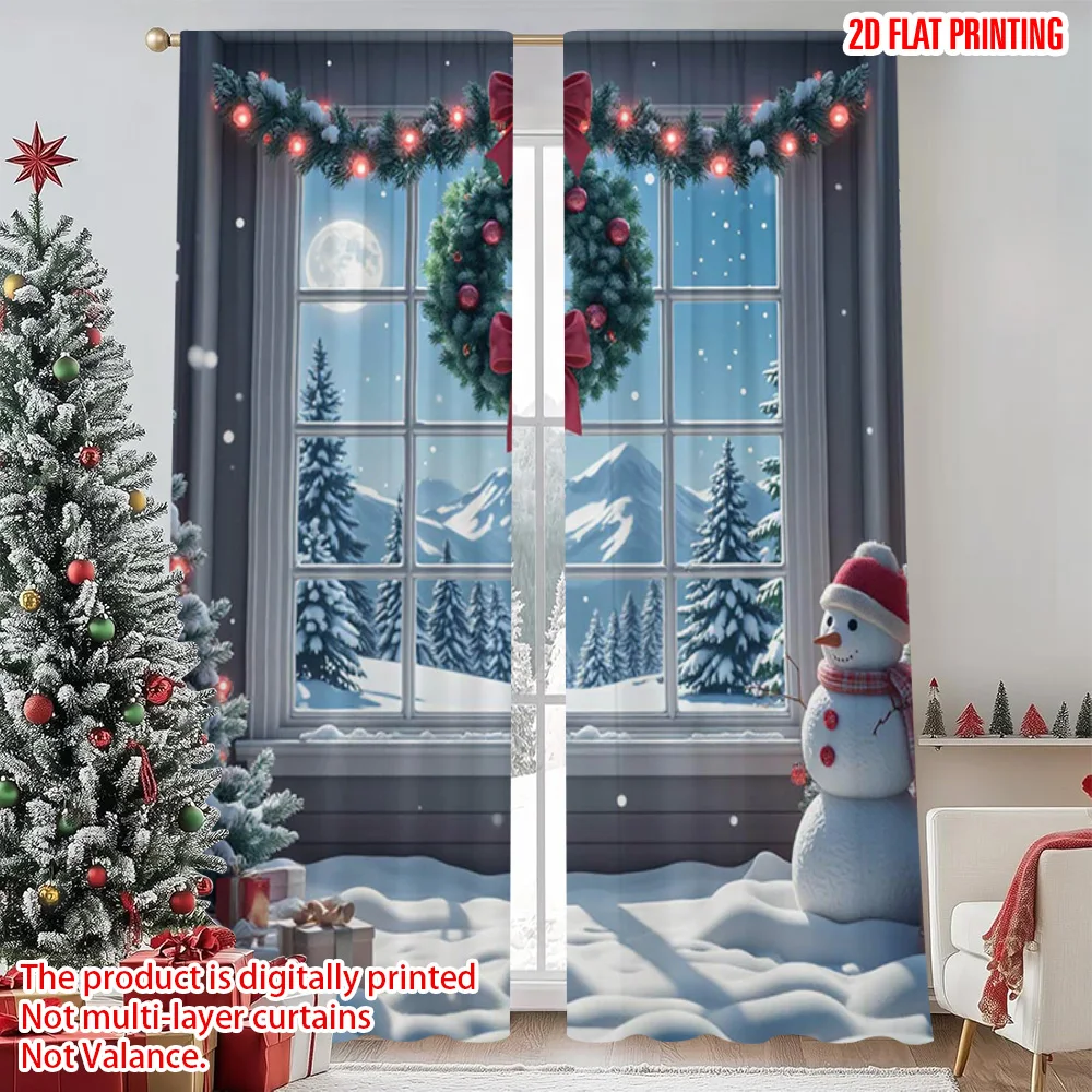 

2pcs 2D flat printing Christmas Drapes Christmas tree Santa Claus snow and moon night Versatile 100% Polyester Without