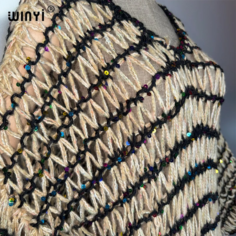 WINYI Winter Knitted Winter Openwork Sequined Lace Dress Cloak Maxi Kaftan Robe African Women Outwears Women Abaya Dubai Luxury