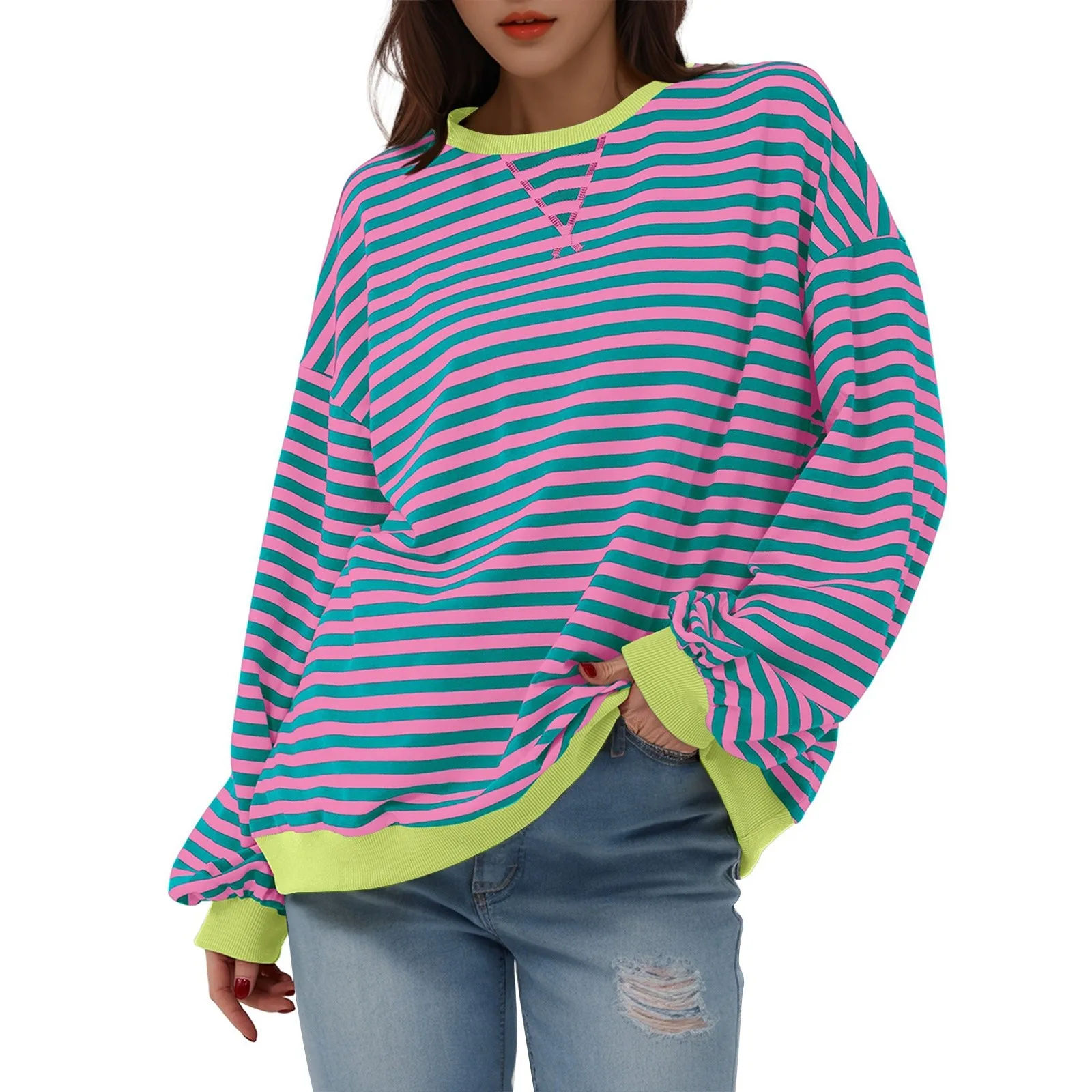 Korean Style Contrast Color Simple Striped T-shirt for Women 2024 Spring Long Sleeve Women\'s Oversize T-shirt Long Sleeve Tops