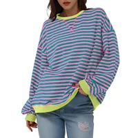 Camiseta a rayas simples de Color contrastante de estilo coreano para mujer, camiseta de manga larga de gran tamaño para mujer, Tops de manga larga 2024