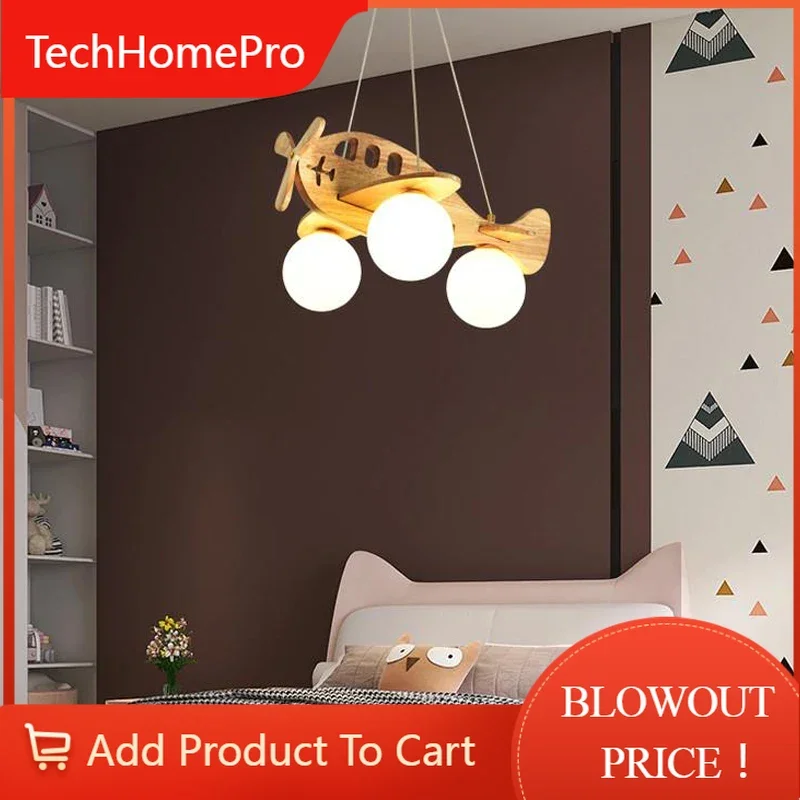 TechHPLed Wooden Plane Lamp Creative Airplane Chandelier Light For Nursery Room Children's Bedroom