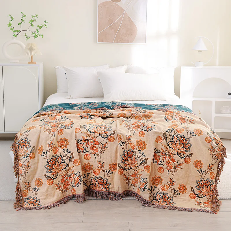 Vintage Floral Cotton Gauze Throw Blanket with Fringe Soft Boho Jacquard Woven Tapestry for Bed Lightweight Textured Decor Quilt