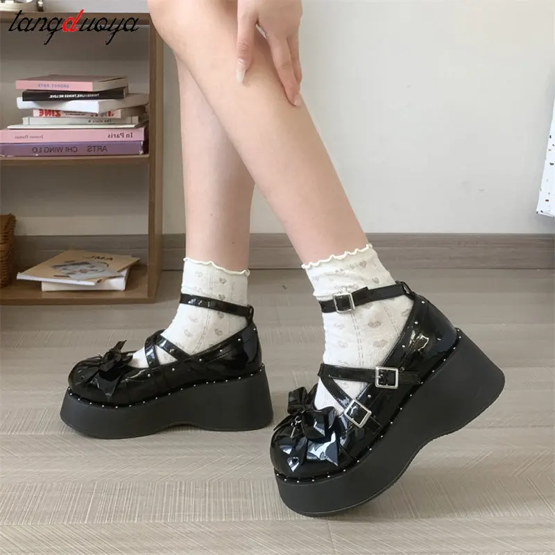 Women Shoes 2024 New Black Large Bow Mary Jane Shoes Comfortable Chunky Platform Lolita Shoes Girl Punk Gothic Cosplay Shoes