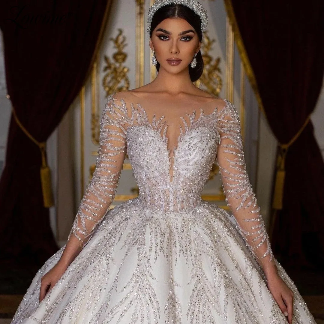 

Luxury High End Arab Bride Wedding Dubai Long Sleeve Sexy V Neck Beaded Muslim Wedding Dresses Vesidos Novia 2022 Mariee فتن De