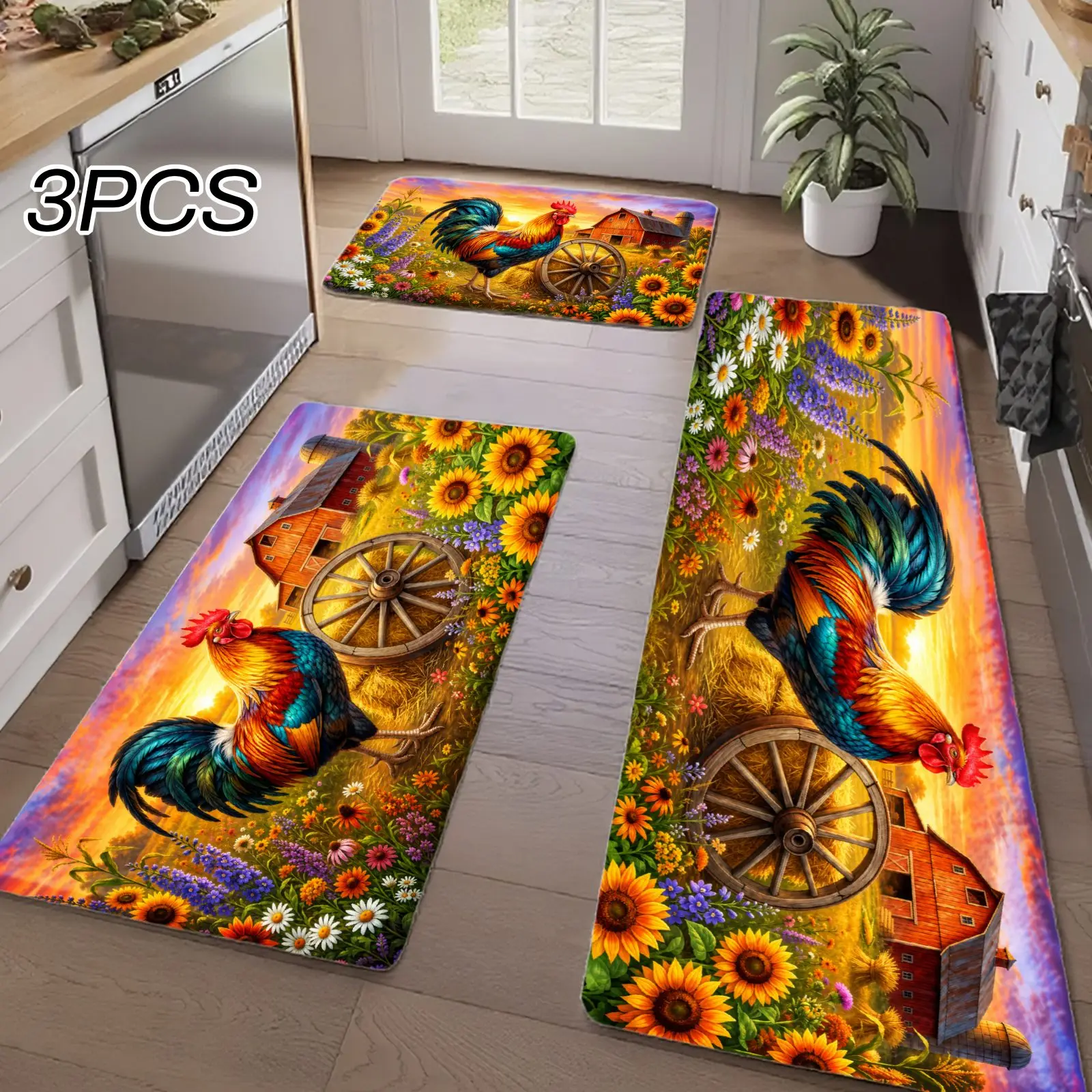3PCS Kitchen Rugs,Home Decoration for Front Door, Kitchen, Bathroom, Rooster Sunflower Barn Wheel Floral Pattern Dining Mat