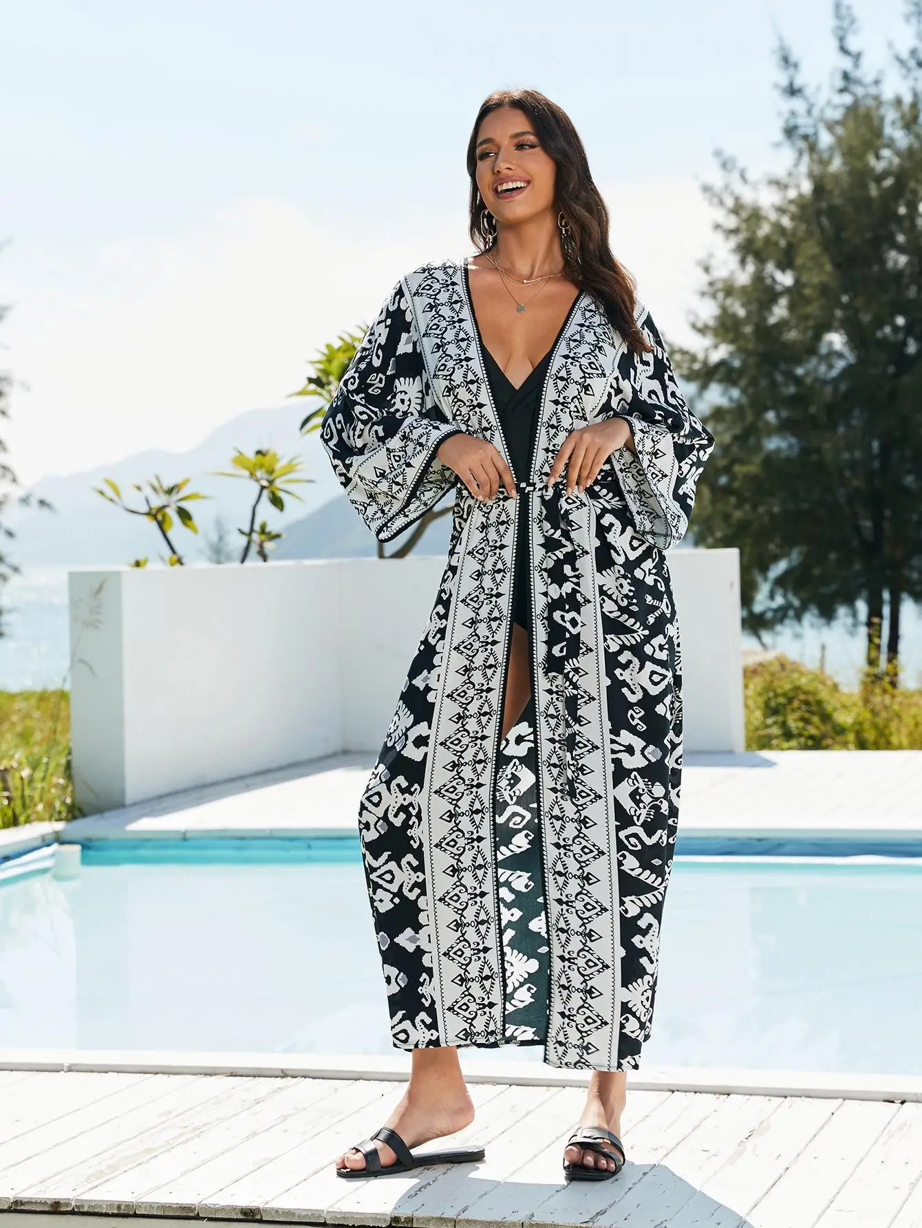 Kimono largo con estampado bohemio para mujer, túnica larga, cárdigan, Vestido de playa, ropa de playa, traje de baño con cinturón