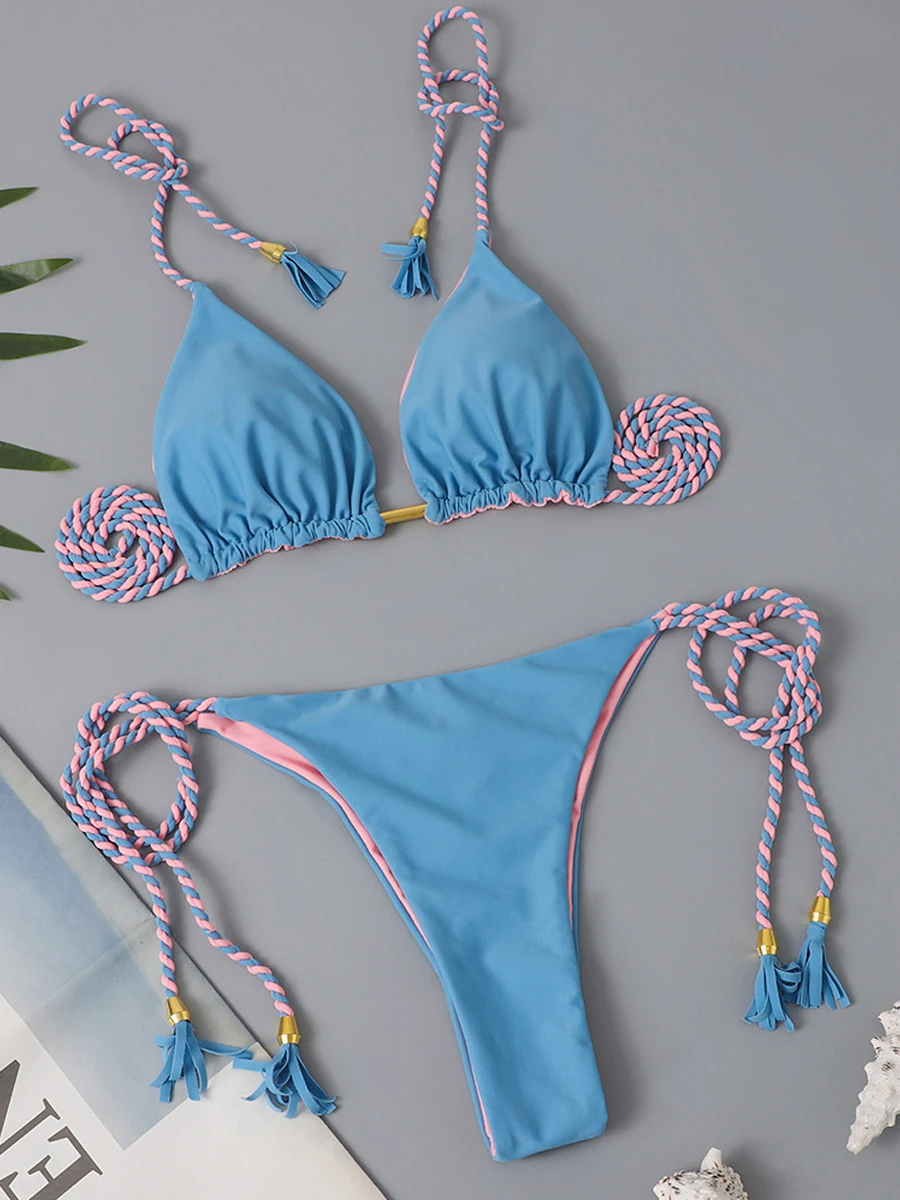 Bikini triangular con cordón para mujer, bañador brasileño Sexy con lazo lateral, traje de baño femenino, ropa de playa 2023