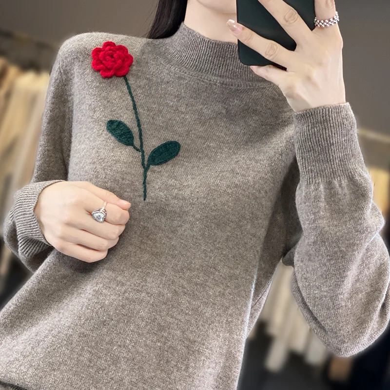 Handgeborduurde 100% wollen trui Dames halfhoge hals Rose Hook Flower Sweater Wollen basistrui