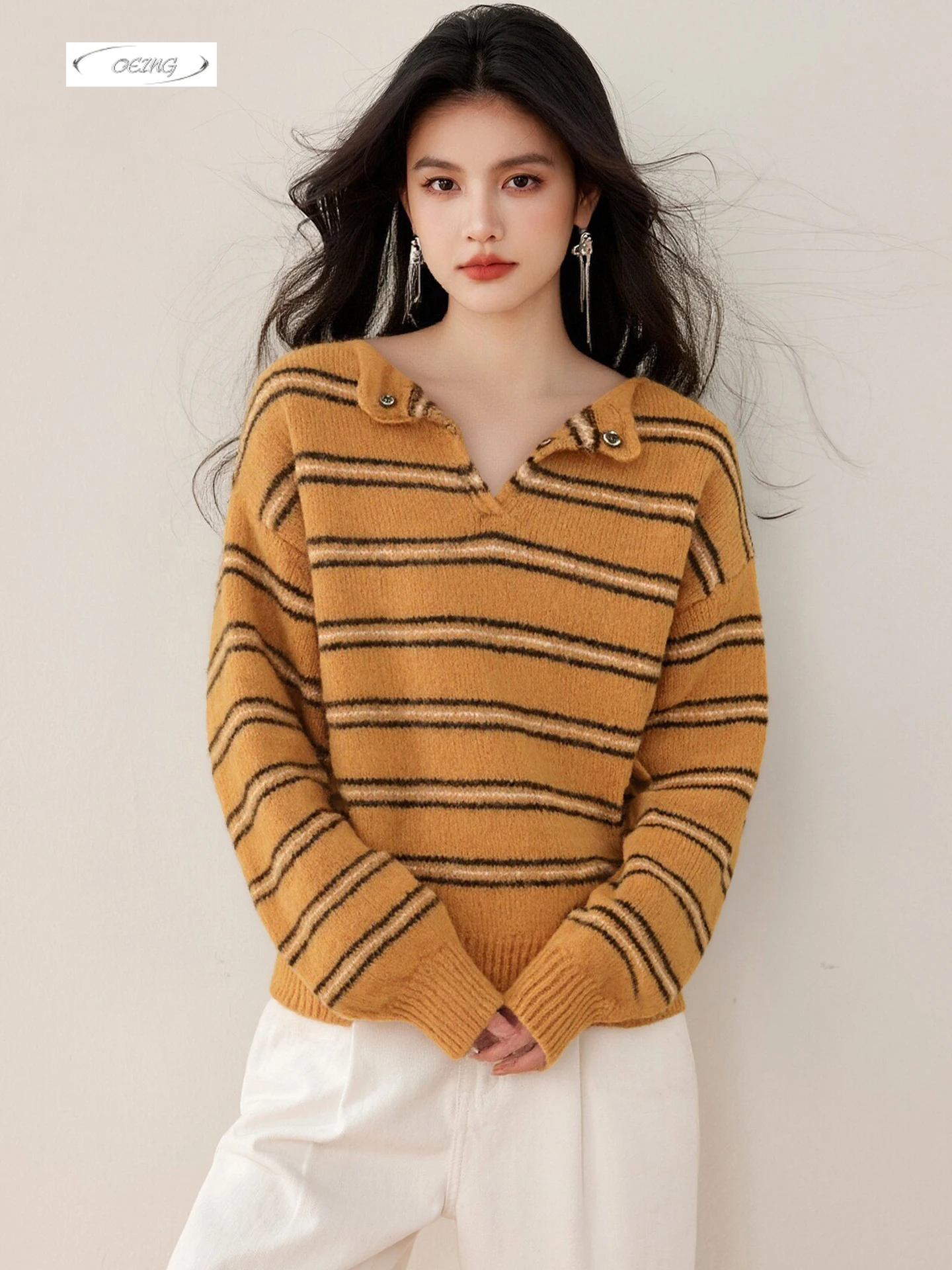 

Vintage V-neck Long Sleeve Stripe Swaeter Knitted Pullover Tops Women Autumn Winter Korean Style Elegant Loose Knitwear 9799