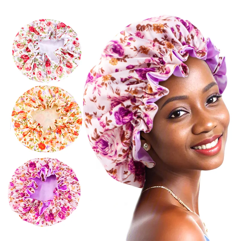 

New Women print Satin Bonnet Hat Double Layer Elastic Head Wrap Silky Soft Night Sleep Cover Cap Lady Hair Styling Accessories