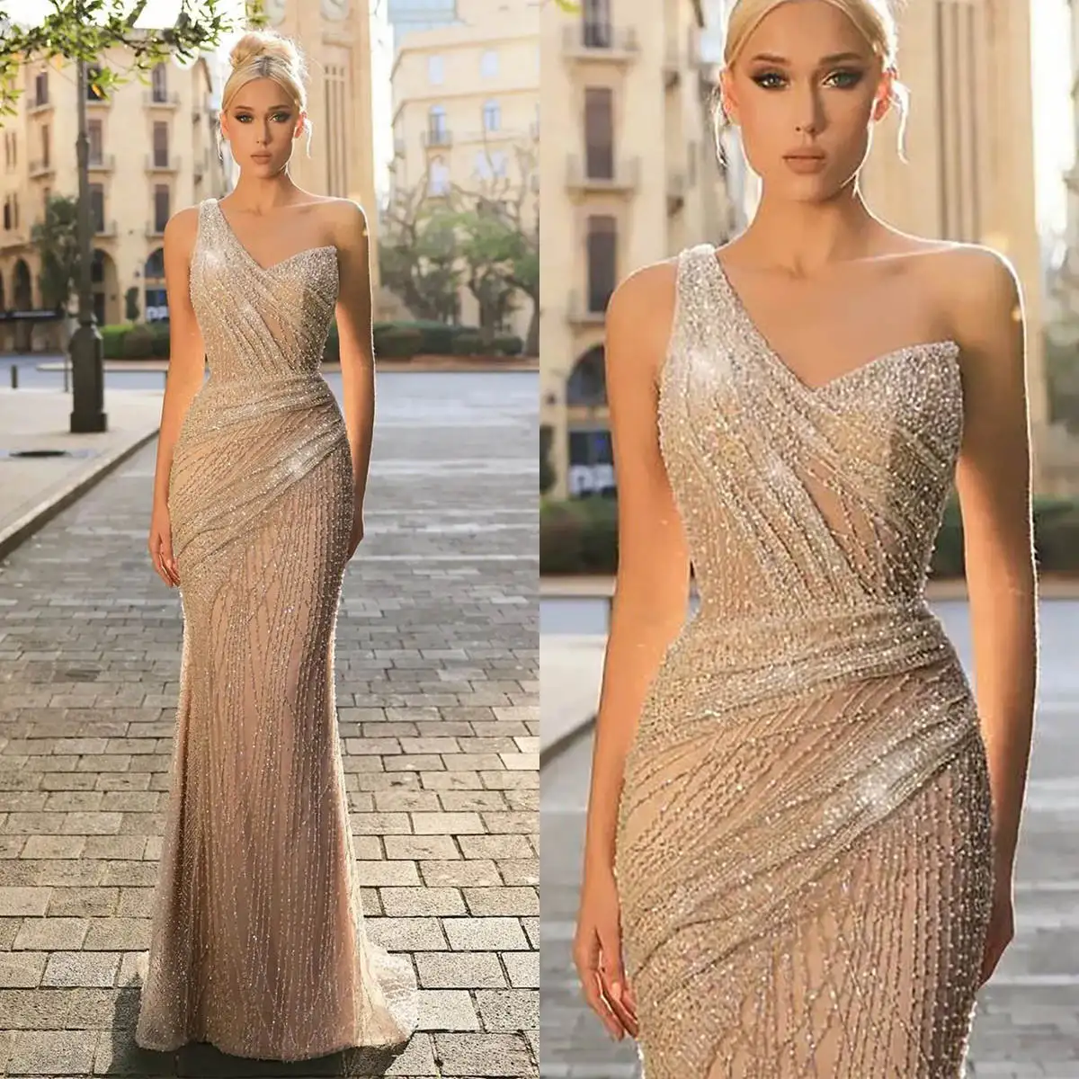 Brilliant Evening Dresses Mermaid One Shoulder Sequined Spaghetti Backless Court Gown Prom Dress Vestido De Noite Customized image 3