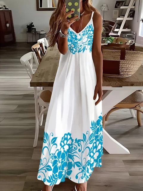 vestido floral boho manga larga y falda fluida azul