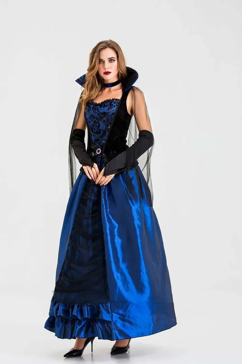 Adult Queen Of The Vampire Costume Blue Luxury Queen Fancy Party Dresses Womens Halloween Witch Performance Uniform