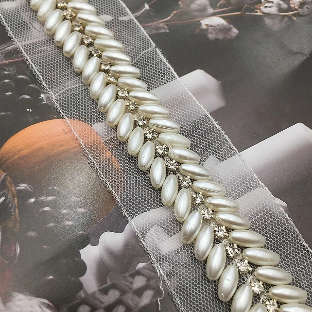 Ширина 2 ярда, 0,94 дюйма, кружевная отделка из бисера со стразами, жемчужное кружево для платья своими руками