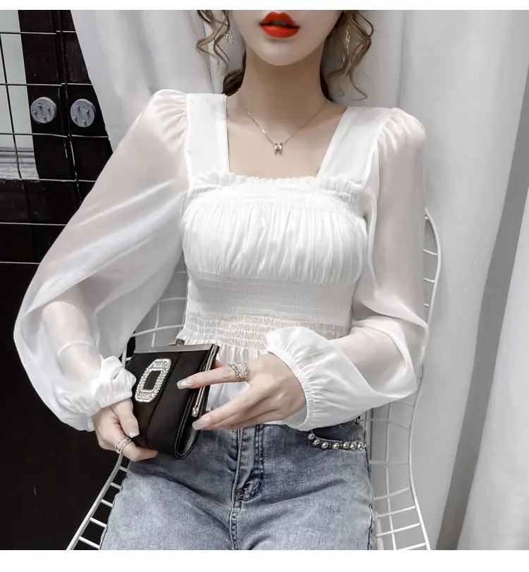 Spring New Long Sleeve Chiffon Short Blouse Slim Solid Color Thin Pleated White Shirt Tops Elegant Temperament Women Clothing