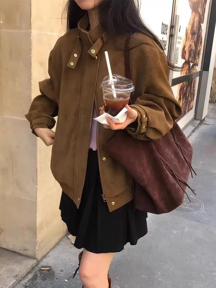 

Chic Autumn New Retro Stand Collar Suede ort Jaet Women's Long Sve k Button Versatile Outerwear Commute Sle