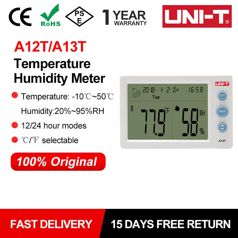 UNI-T A12T A13T cyfrowy termometr LCD higrometr miernik temperatury i wilgotności budzik pogoda kryty odkryty Instrument
