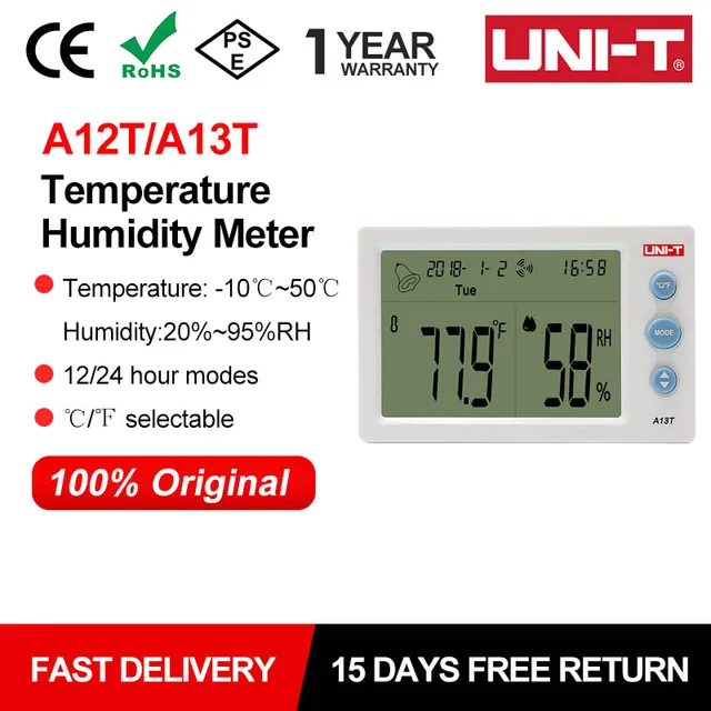 UNI-T A12T A13T cyfrowy termometr LCD higrometr miernik temperatury i wilgotności budzik pogoda kryty odkryty Instrument