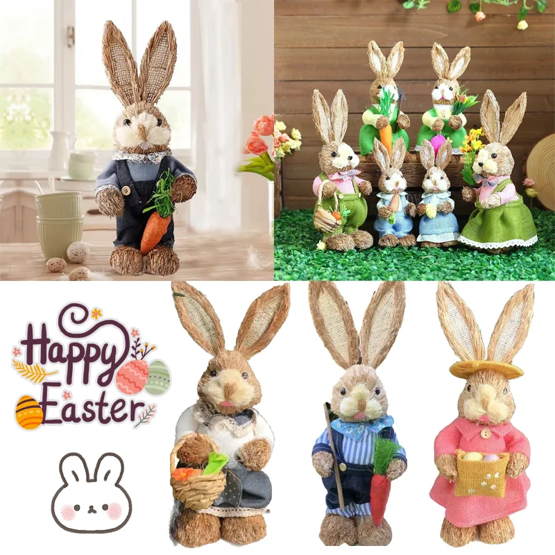 35cm Easter Spring Bunny Home Decor Handwoven Grass Rabbit Craft for Party Baskets Decorations Birthday Presents