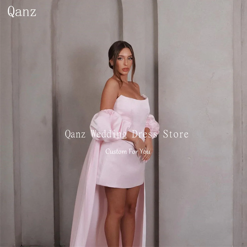 

Qanz Strapless Pink Shawl Cape Prom Dress Short Satin Strapless Party Dresses Luxury Lace Up Back Backless Gala Gowns Customized