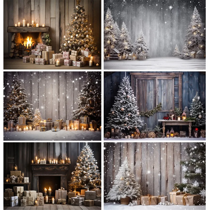 

Christmas Tree With Wooden Floor Photography Backdrops Pinecones Snow Fireplace New Year Winter Holiday Party Background DT-21