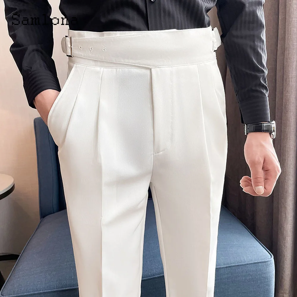 Men Elegant Buckle Up Suits Pants Solid White Ankle-Length Trouser Plus Size Mens Stand Pocket Suit Formal Party Wedding Pants