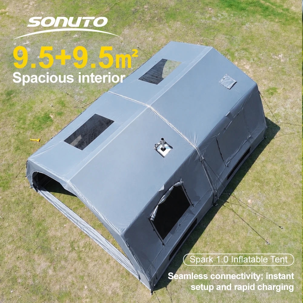Sonuto Connectable Blow Up Outdoor Shelter Canopy With Chimney Hole Titanium Silver Sun Block Coating Double Doors Quick Inflati