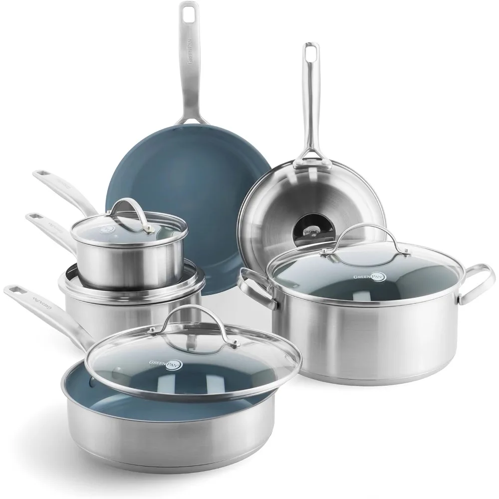 Treviso Stainless Steel Healthy Ceramic Nonstick, 10 Piece Cookware Pots and Pans Set, PFAS-Free, Clad, Induction