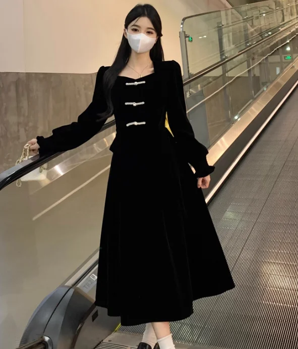 Herbst Winter Große Größe Chinesische Square Neck Langarm Kleid Hohe Taille A-linie Vielseitig Alter-reduzierung Gefälschte Zwei-stück Kleider