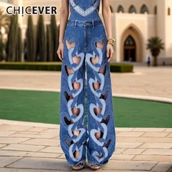 CHICEVER Heart Partern Hollow Out Designer Jeans For Women High Waist Patchwork Button Streetwear Loose Denim Pants Female New