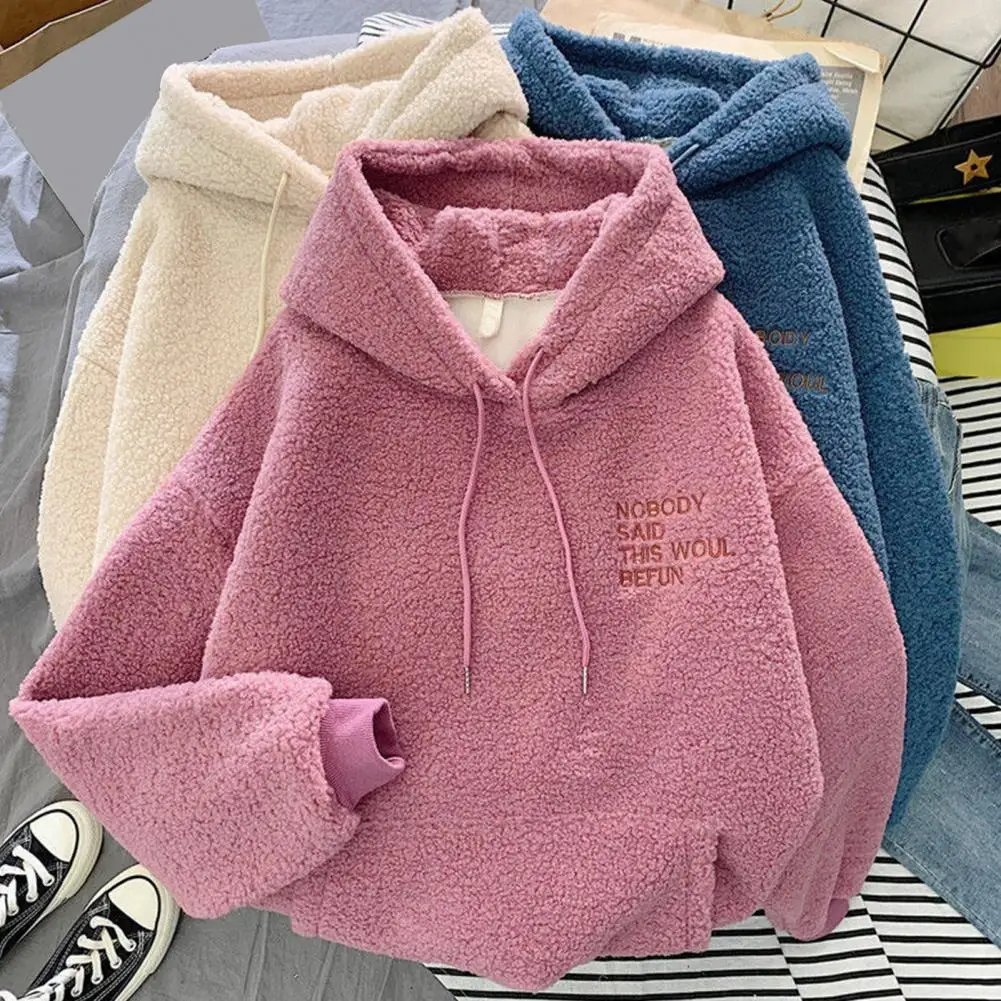 

Women Hoodie Drawstring Elastic Cuff Thick Fleece Patch Pocket Loose Long Sleeves Pullover Warm Letter Embroidery Top