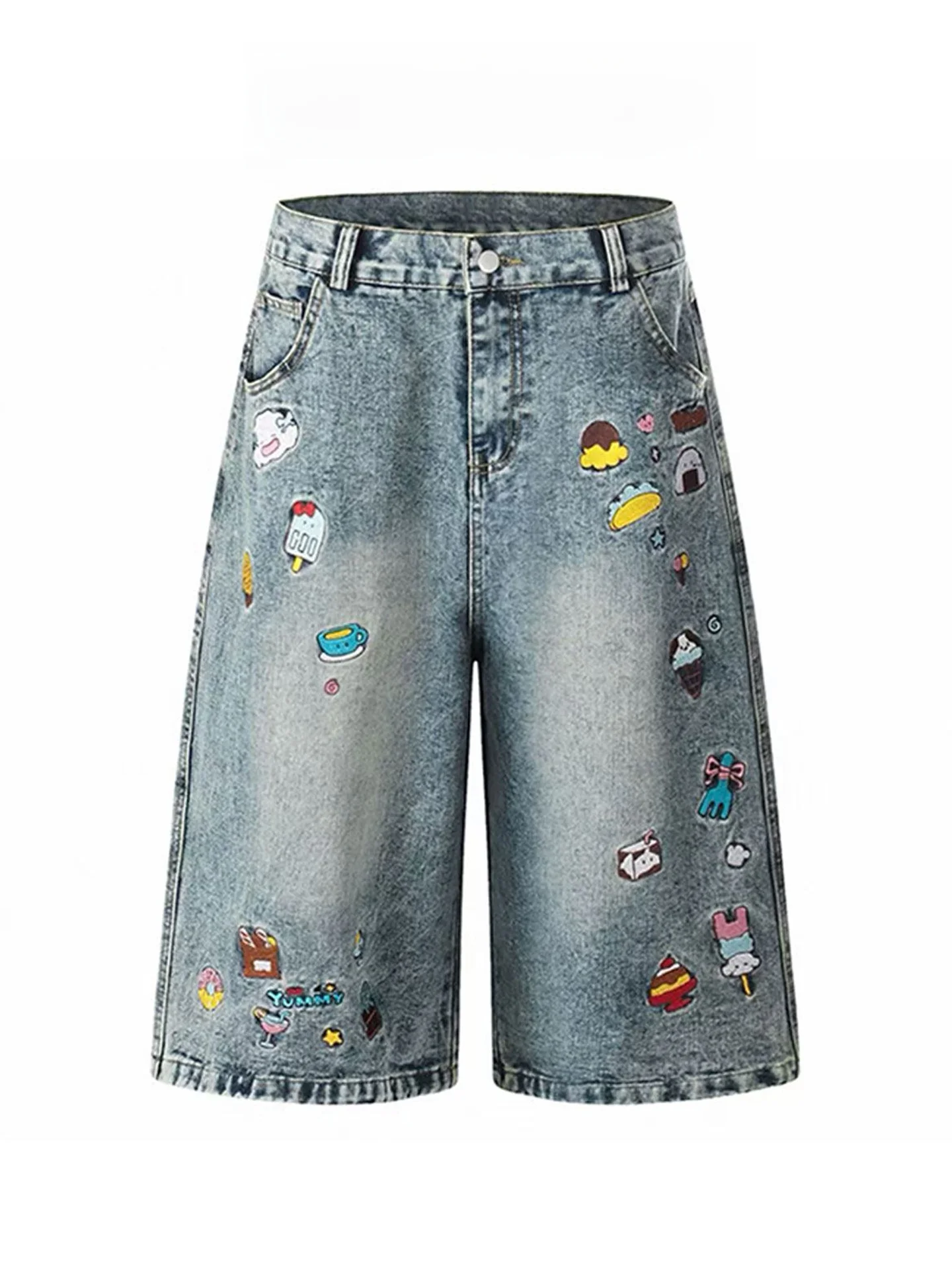 

Retro American Blue Jeans Short Pants Women Summer Thin High Waist Slimming Loose Embroidered Seven-Five Middle Pants
