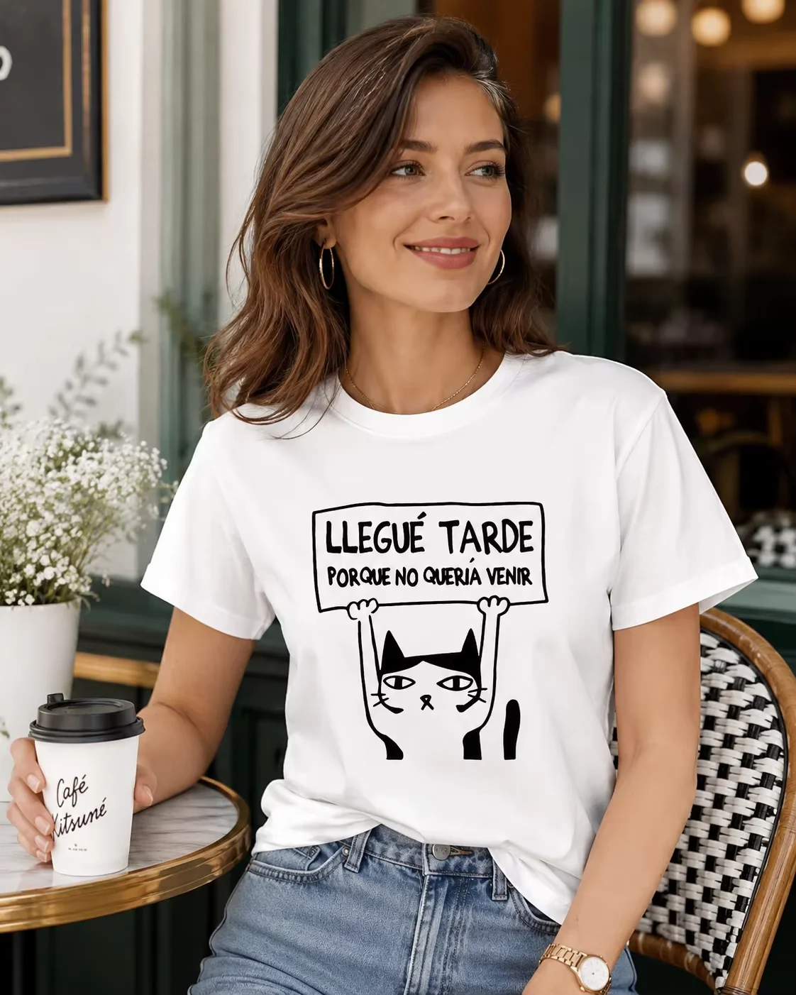 New Cute Cat Alphabet Print Women's T-Shirt “I'm Late Because I Didn't Want to Come” Women's Casual Short-Sleeve Crew-Neck Top C