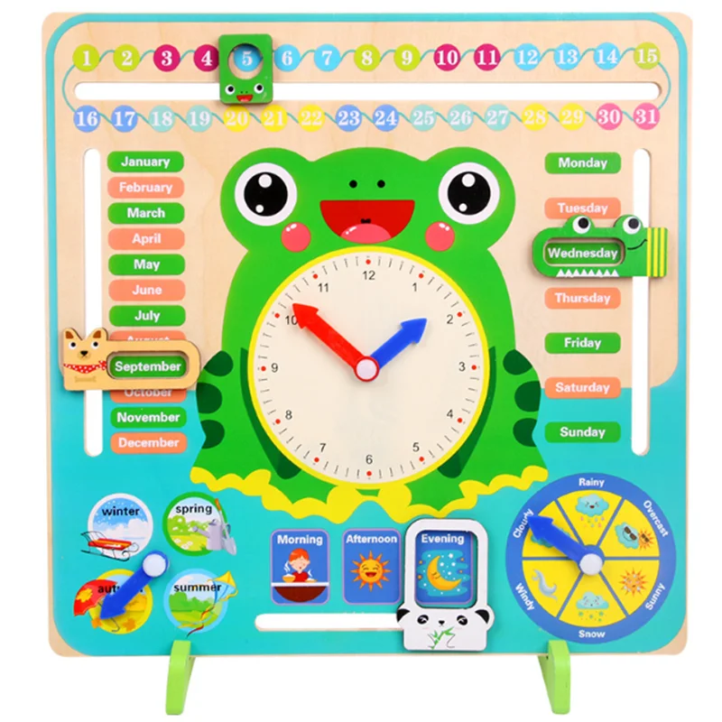 Montessori wall calendar Wooden Frog Clock Toys Weather Calendar Wooden Toys Time Cognition Preschool Educational Teaching Aids