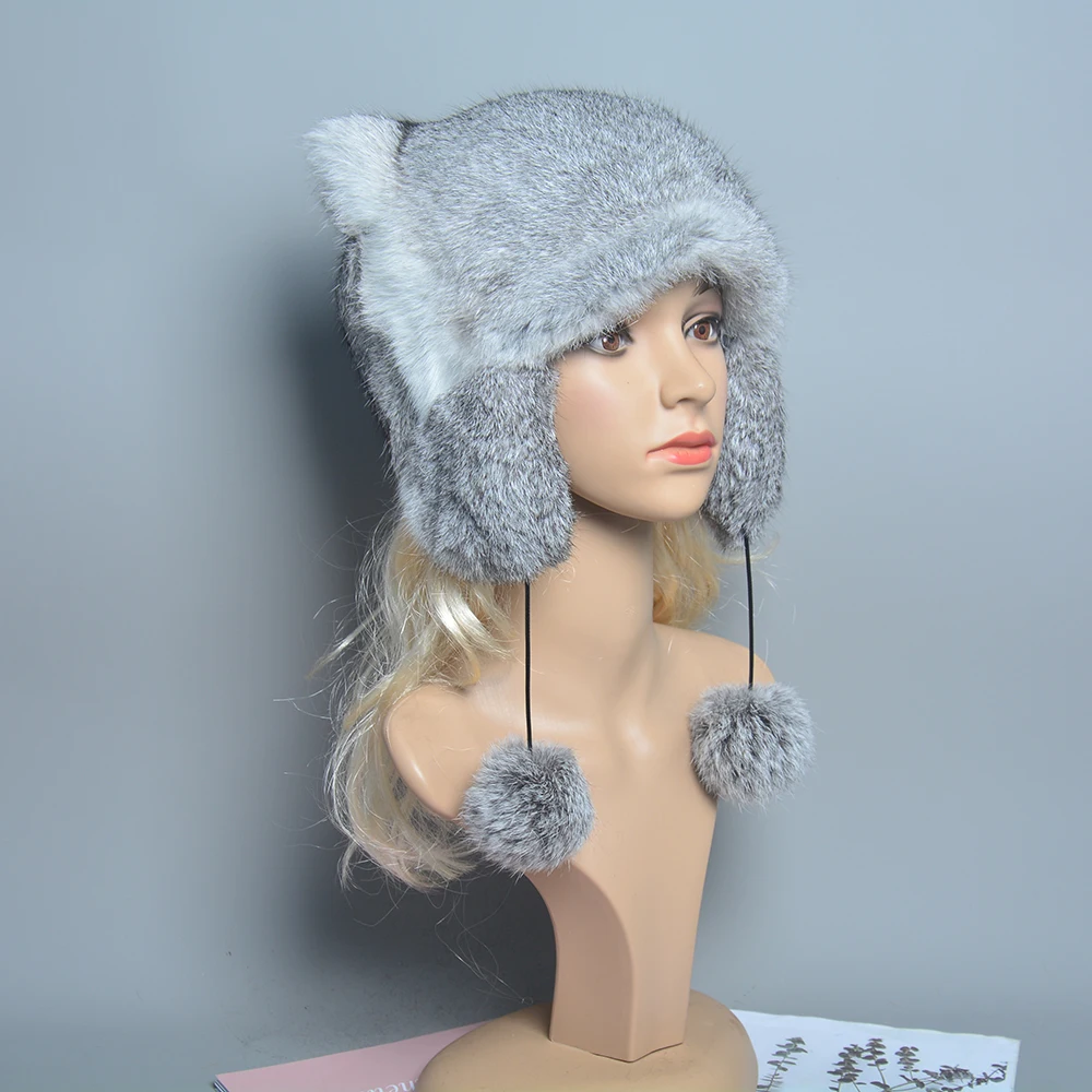 NEW Women Winter Warm Real Rabbit Fur Hat Snow Cap Winter Hats for Women Girls Real Fur Knit Skullies Beanies Natural Fluffy Hat