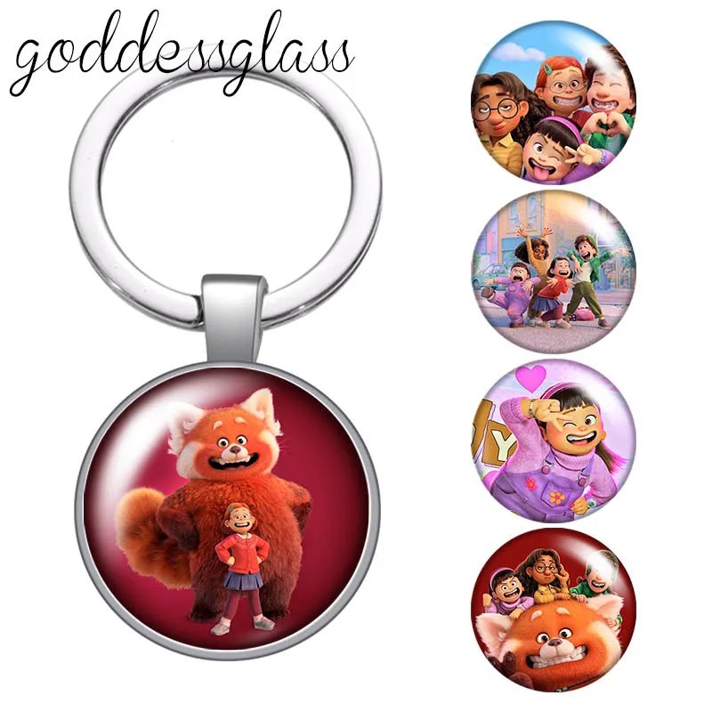 Disney Turning Red Movie Red bear Photo glass cabochon keychain Bag Car key chain Ring Holder Charms keychains gift