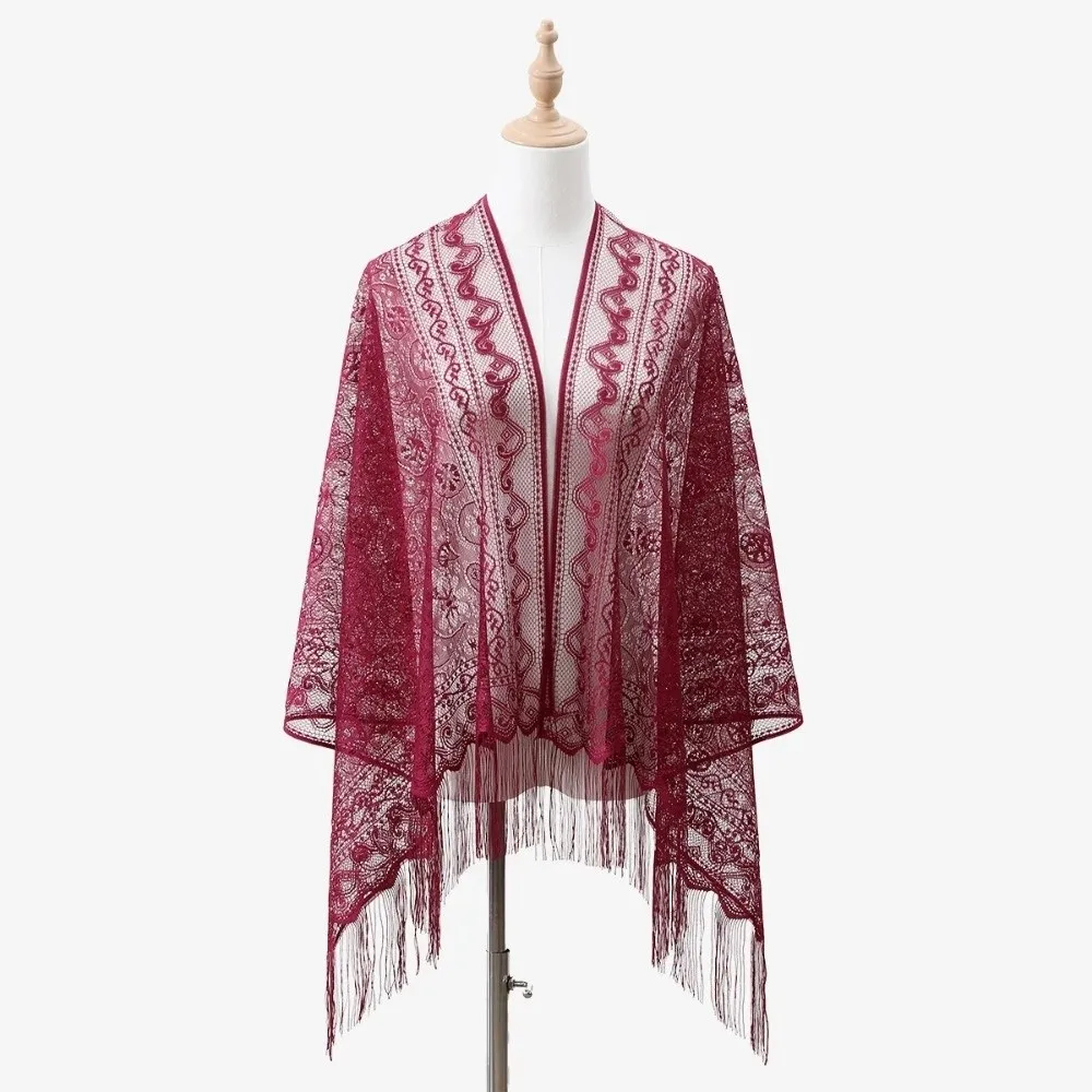 

Tassel Patchwork Women Tulle Shawl V-Neck Cardigans Hollow Evening Prom Cape With Tassel Multicolored Mantilla Lace Veil