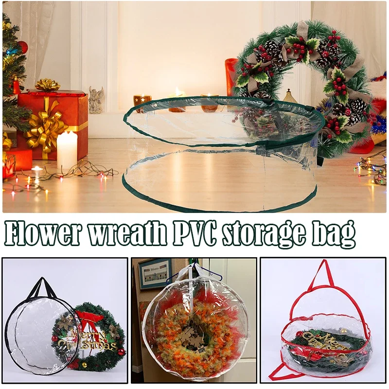 

Christmas Wreath Storage Bag With Handle Folding Thick Transparent Cover Tear Resistant Holiday Carry Organizer Container