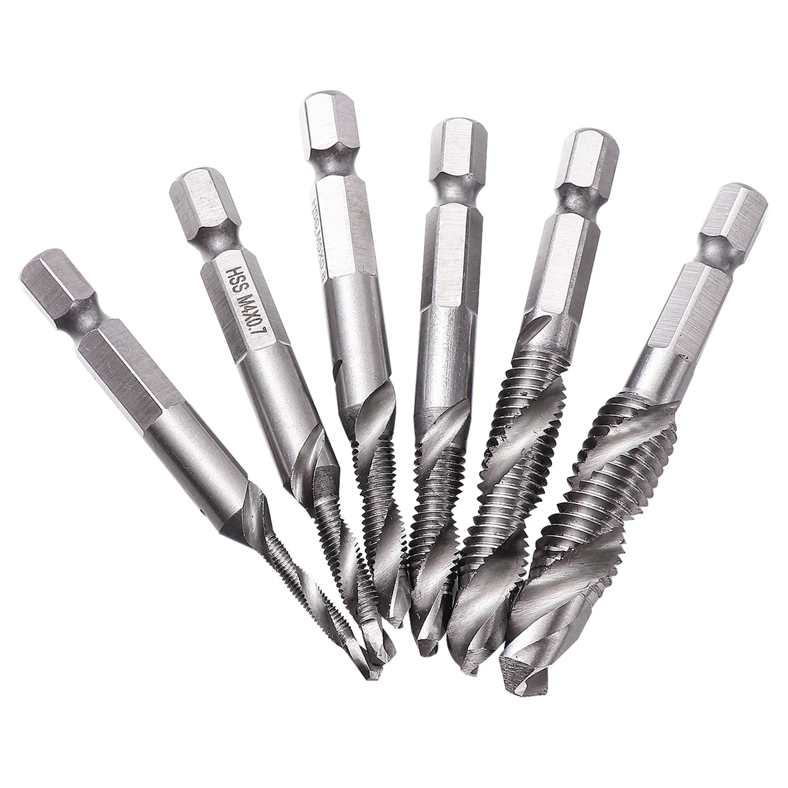 

6Pcs Metric Thread Drill Bit Set Spiral Tap Drill Bits Hex Shanks Screw Tapping Tool Titanium Coated High Speed Steel for Sheet