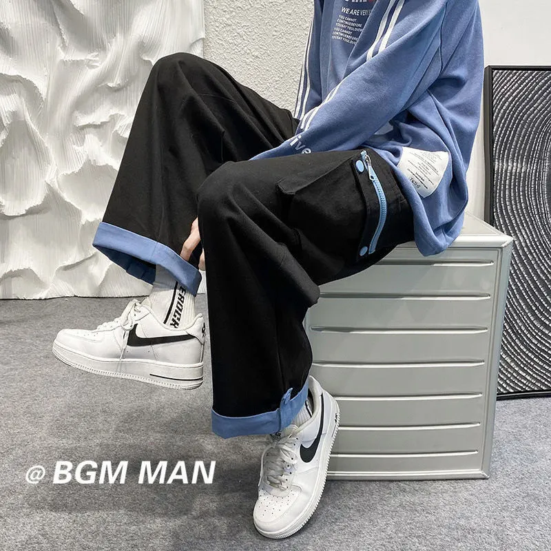 Spring Autumn Casual Print Patchwork Cotton Wide Leg Pants Man Loose Y2k Pocket Hip Hop Cargo Straight Male Trousers Streetwear