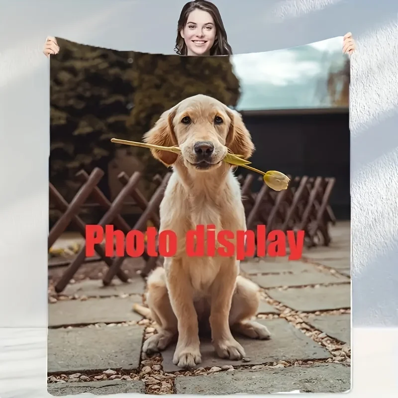 Customizable photo blanket with soft flannel, suitable for all seasons, double-sided perfect for dogs to commemorate nap