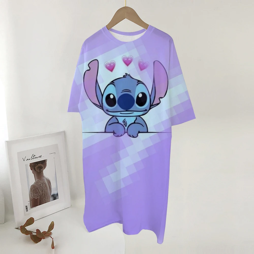 ディズニーステッチプリントドレス女性かわいい漫画半袖 O ネック Tシャツドレスファッション睡眠スカート毎日の基本的なドレッシング