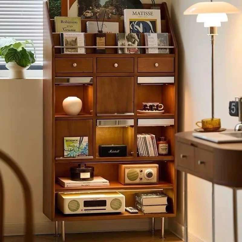 Retro Wooden Magazine Bookshelf for Nordic Style Living Room Study Minimalist Japanese Storage Cabinet for Small Spaces
