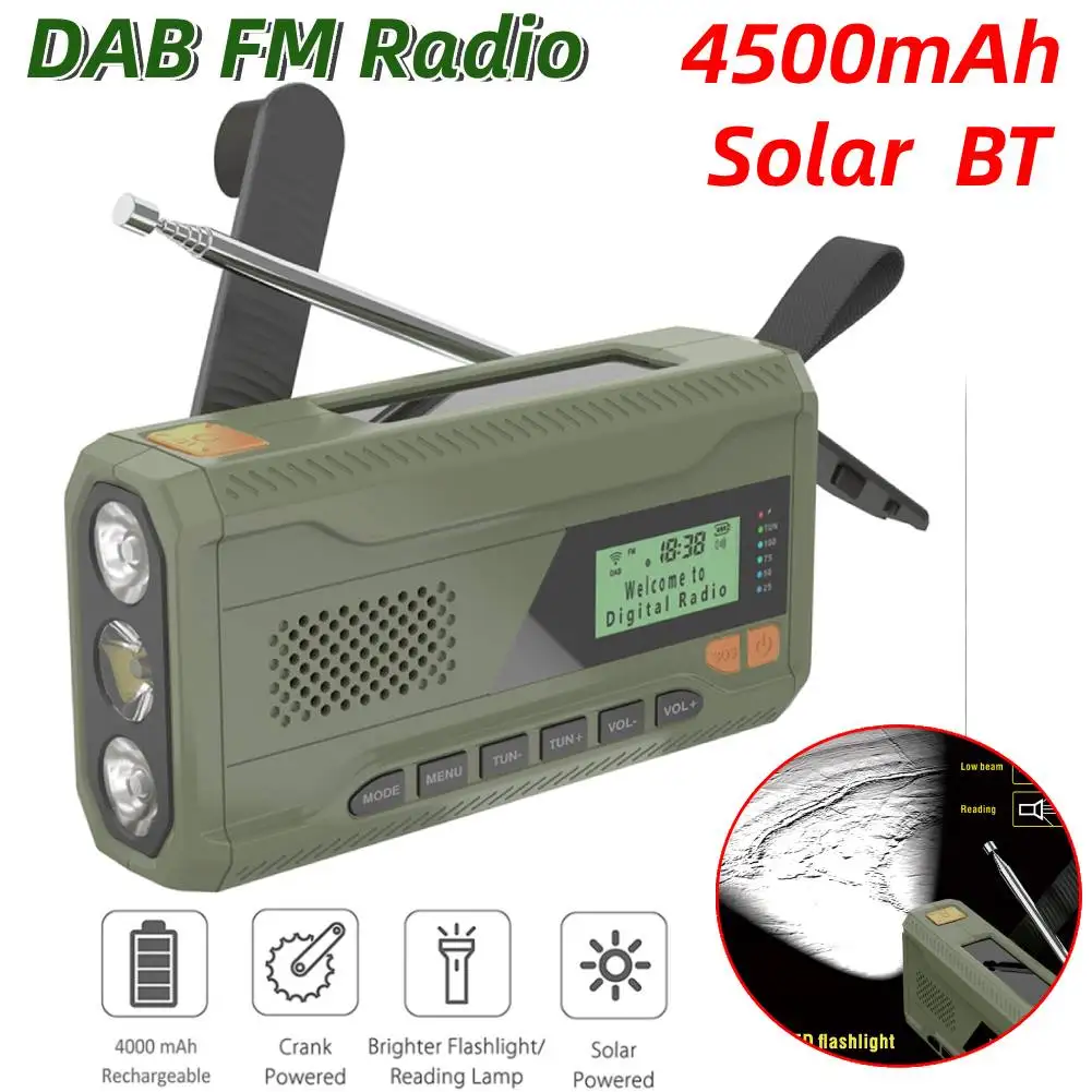 

Portable DAB FM Radio Rechargeable Emergency Radio Hand Crank 4500mAh Solar Radio with Flashlight BT Speaker for Emergency Storm
