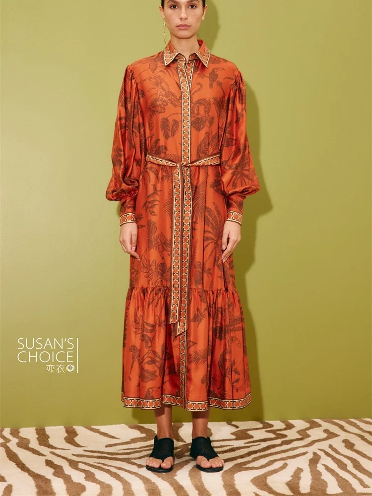 

SUSAN Silk Long Bubble Sleeve Orange Floral Print Shirt Dress Vacation Style Women's Loose Fit Straight Cut Summer Dress